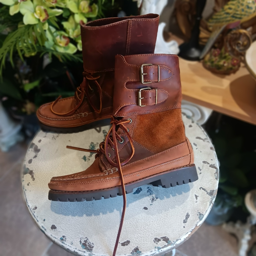 RALPH LAUREN COUNTRY Suede & Oil Leather & Brass Paratrooper Boots Size 7.5 M